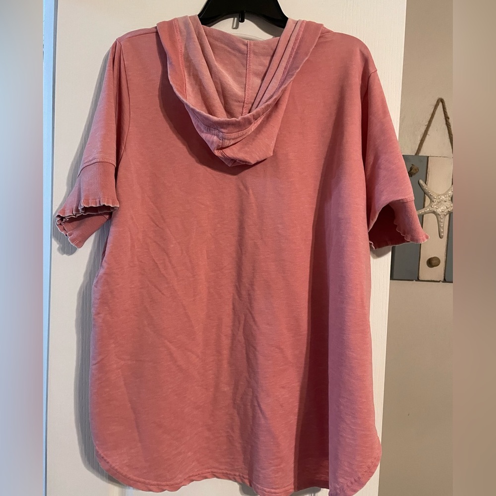 Rose + Delancey- Short Ruffle Sleeve Light Hoodie Sweatshirt - Rose 1X